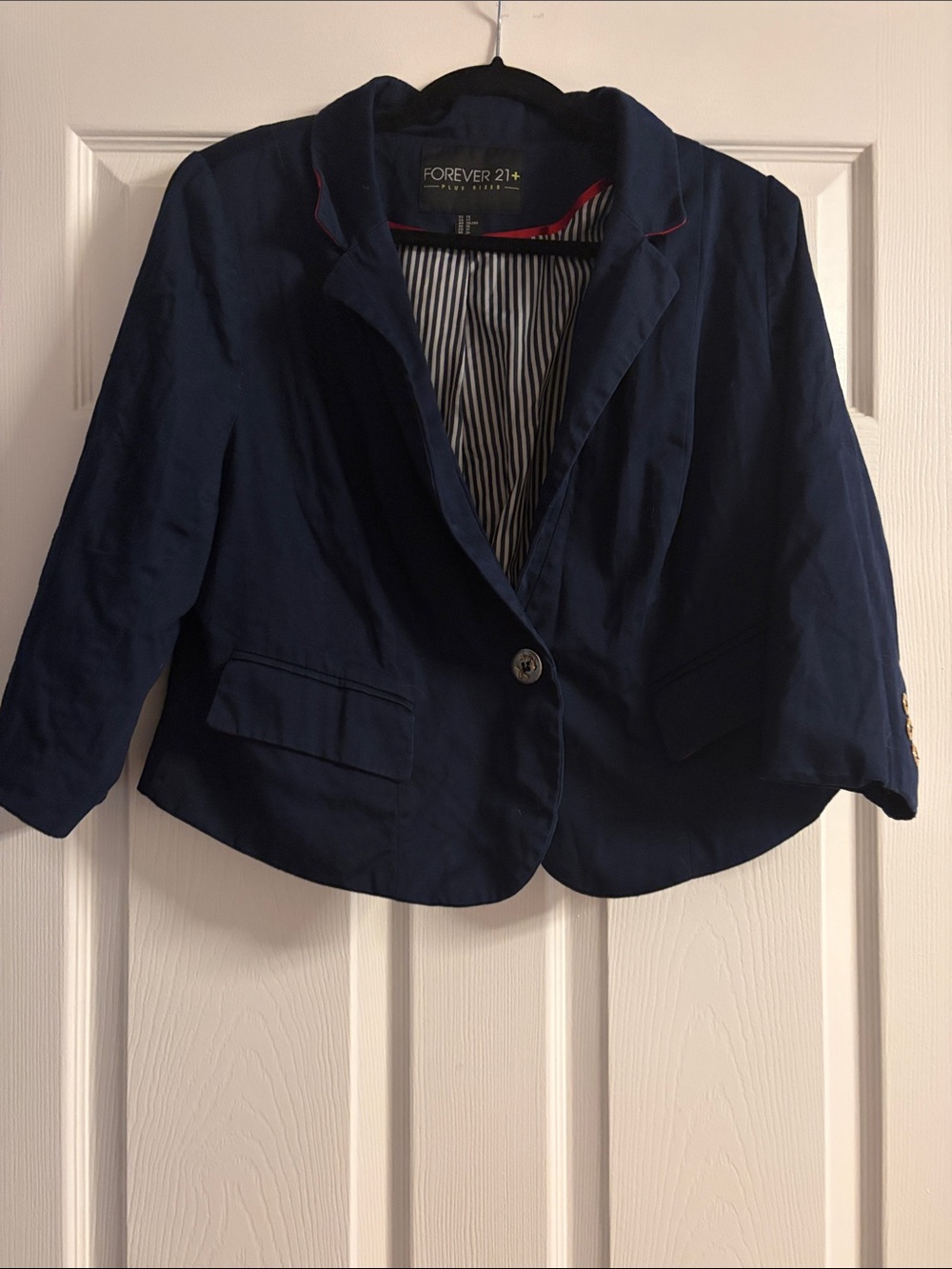 Forever 21 Navy Cropped Single-Button Blazer with Red Piping
